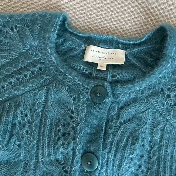 NEW Sezane Alma Cardigan XSmall Peacock Blue Kid Mohair Sweater Knit French - Picture 7 of 9